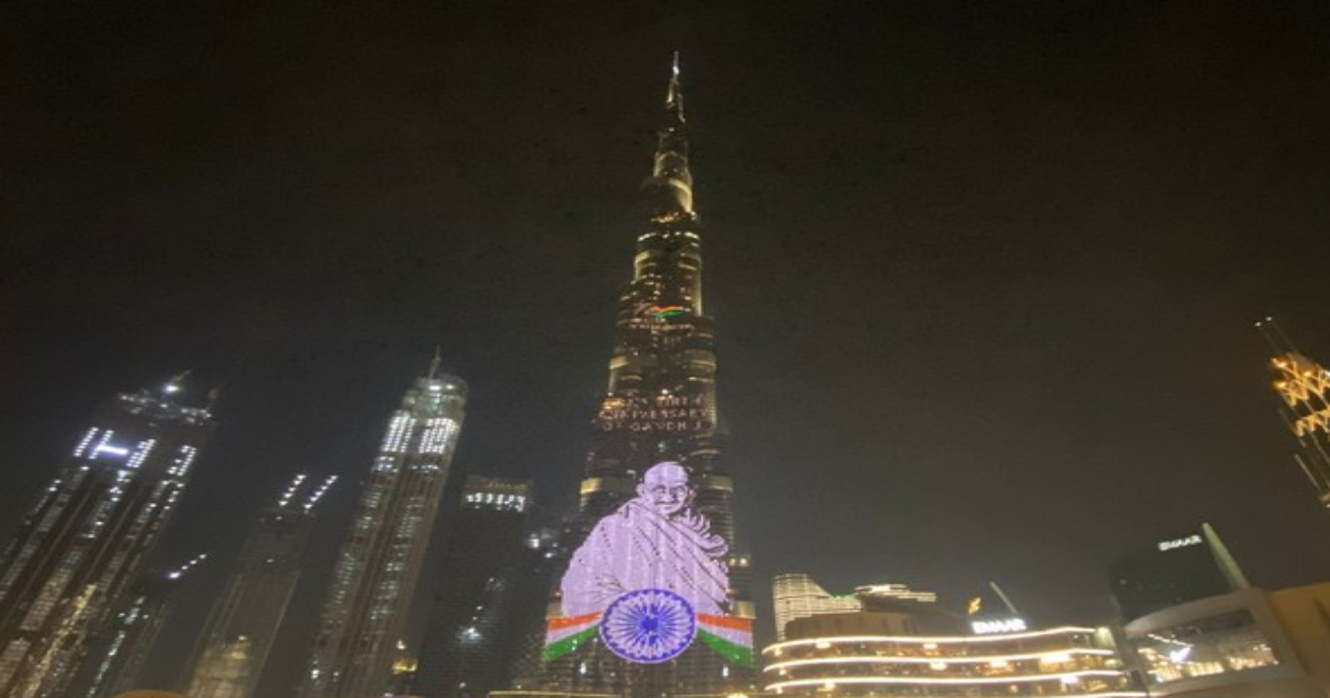 Burj Khalifa illuminated with Mahatma Gandhi's image on occasion of his 152nd birth anniversary